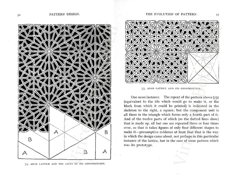 May include: A black and white illustration of a geometric pattern. The pattern is made up of repeating triangles and squares. The image is labeled "Arab Lattice and the Lines of its Construction."