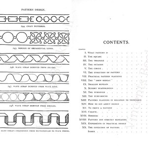 May include: A black and white illustration of a book's table of contents. The book is titled "Pattern Design" and the table of contents lists chapters such as "What Pattern Is", "The Square", "The Triangle", "The Octagon", "The Circle", "The Evolution of Pattern", "Practical Pattern Planning", "The "Drop Repeat"", "Smaller Repeats", "Sundry Scaffoldings", "The Turn-over", "The Turn-round", "Pattern Planning in Relation to Technique", "How to Set About Design", "To Prove a Pattern", "Colour", "Borders", "Patterns Not Strictly Repeating", "Expedients in Practical Designs", "The Invention of Pattern", and "Index".