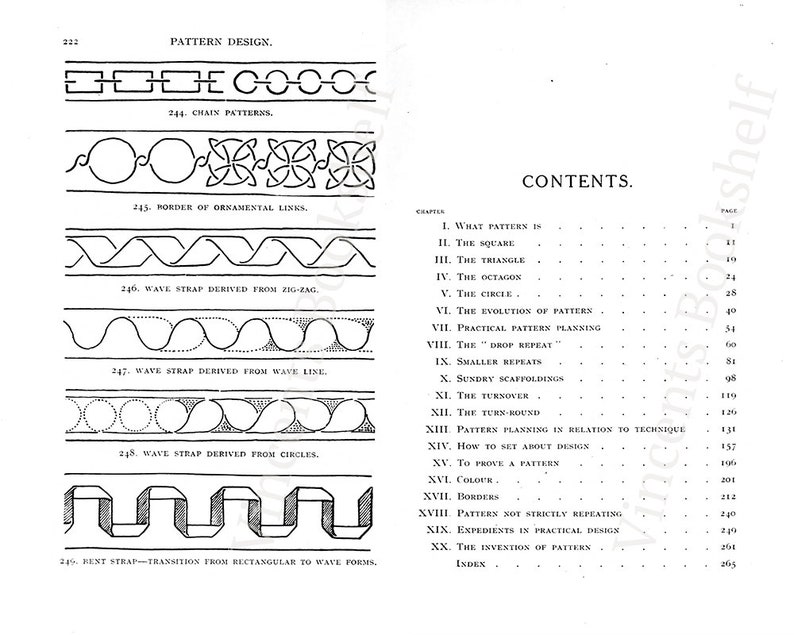 May include: A black and white illustration of a book's table of contents. The book is titled "Pattern Design" and the table of contents lists chapters such as "What Pattern Is", "The Square", "The Triangle", "The Octagon", "The Circle", "The Evolution of Pattern", "Practical Pattern Planning", "The "Drop Repeat"", "Smaller Repeats", "Sundry Scaffoldings", "The Turn-over", "The Turn-round", "Pattern Planning in Relation to Technique", "How to Set About Design", "To Prove a Pattern", "Colour", "Borders", "Patterns Not Strictly Repeating", "Expedients in Practical Designs", "The Invention of Pattern", and "Index".