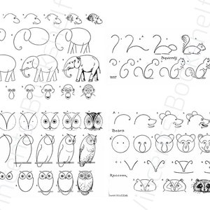 May include: A black and white illustration providing step-by-step drawing guides for animals. The image features instructions for drawing elephants, squirrels, owls, bears, and raccoons. The text "Owls" and "Bears" is visible.