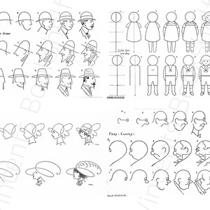 May include: A black and white instructional drawing guide showing how to draw profiles, figures, and faces. The image includes step-by-step guides for drawing hats, figures of children, and various facial features. Text includes "Profiles - Easy to draw" and "Faces - Curves".