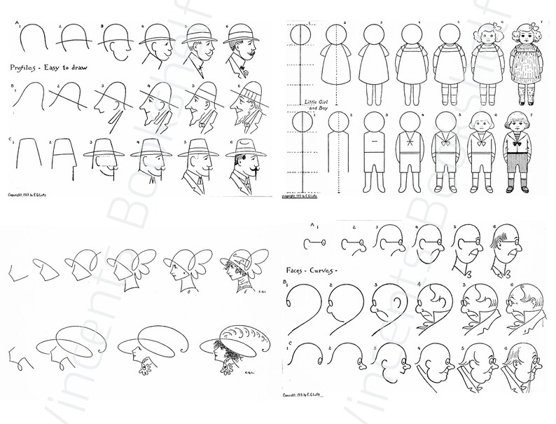 May include: A black and white instructional drawing guide showing how to draw profiles, figures, and faces. The image includes step-by-step guides for drawing hats, figures of children, and various facial features. Text includes "Profiles - Easy to draw" and "Faces - Curves".