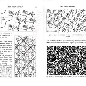 May include: A black and white illustration of a brick pattern with a floral design. The illustration shows how the pattern repeats and drops one-third of its depth. The text "THE DROP REPEAT" is at the top of the page.