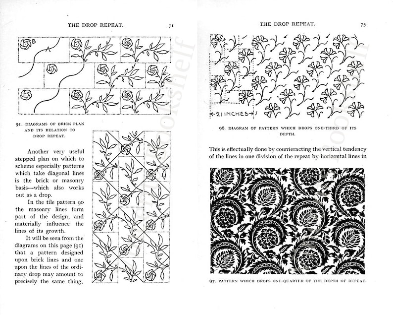 May include: A black and white illustration of a brick pattern with a floral design. The illustration shows how the pattern repeats and drops one-third of its depth. The text "THE DROP REPEAT" is at the top of the page.