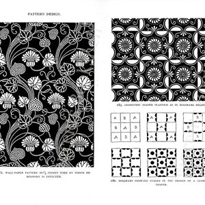 May include: Black and white illustration of a geometric pattern design. The pattern is made up of repeating shapes and lines. The text "185. Geometric diaper planned as in diagrams below." is included in the image.