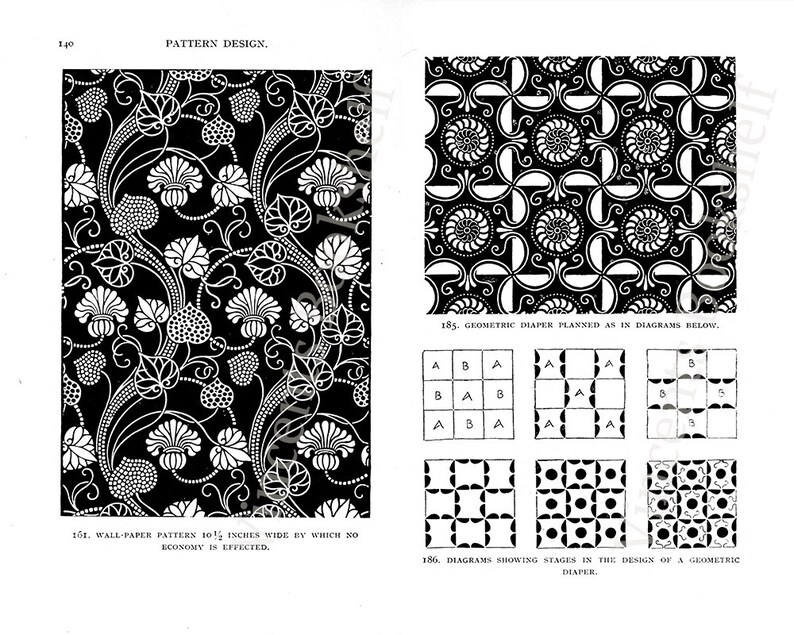 May include: Black and white illustration of a geometric pattern design. The pattern is made up of repeating shapes and lines. The text "185. Geometric diaper planned as in diagrams below." is included in the image.