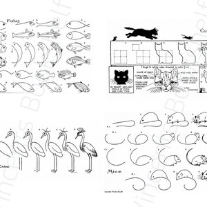 May include: A vintage black and white illustration showing drawing tutorials for various animals. The image includes guides for drawing fish, cats, mice, and crested cranes, with text labels such as "Fishes," "Cat," and "Mice."