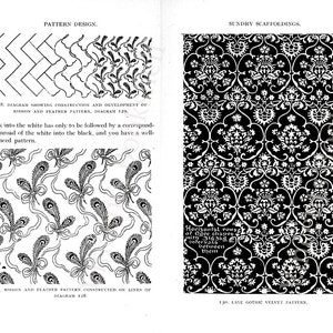 May include: A black and white illustration of a pattern design. The design is made up of ribbons and feathers. The text in the image reads "Diagram showing construction and development of ribbon and feather pattern, diagram 120."