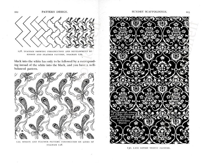 May include: A black and white illustration of a pattern design. The design is made up of ribbons and feathers. The text in the image reads "Diagram showing construction and development of ribbon and feather pattern, diagram 120."