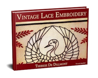 May include: A red book titled "Vintage Lace Embroidery" by Therese De Dillmont, featuring a white embroidered crane design on the cover.