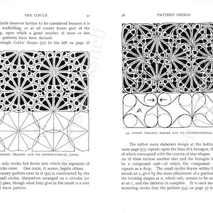 May include: A black and white illustration of a geometric pattern. The pattern is made up of circles and lines. The illustration is labeled "Gothic Tracery Diaper and its Constructional Lines."
