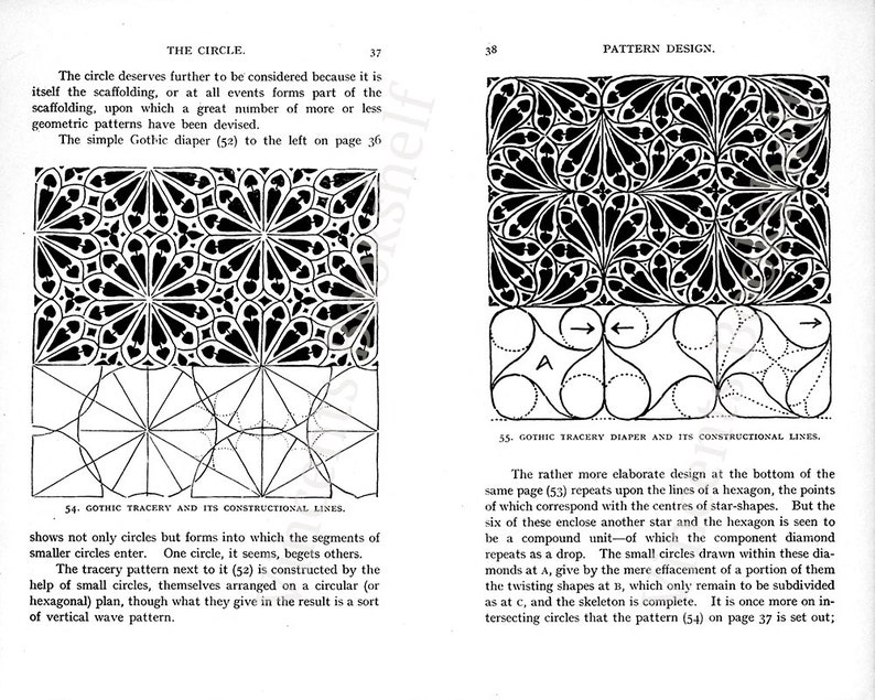 May include: A black and white illustration of a geometric pattern. The pattern is made up of circles and lines. The illustration is labeled "Gothic Tracery Diaper and its Constructional Lines."