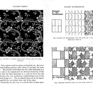 May include: A black and white illustration of a pattern design. The pattern is made up of repeating shapes and lines. The text "Repeat & its Subdivision" is written in the top left corner of the image. The text "132. Diagram of scaffolding and the lines of a pattern resulting from it" is written below the pattern.