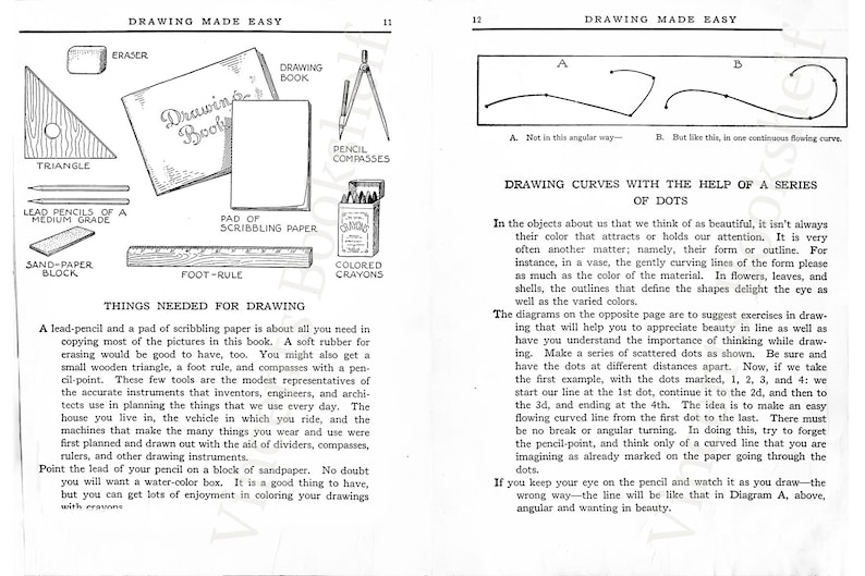 K&ouml;nnte beinhalten: Eine Vintage-Illustration von Zeichenwerkzeugen und -materialien, darunter ein Dreieck, ein Radiergummi, Bleistifte, ein Zeichenbuch, ein Lineal, ein Block Zeichenpapier, ein Zirkel und farbige Kreiden. Der Text "Zeichnen leicht gemacht" steht oben auf der Seite. Die Illustration ist eine Anleitung zum Zeichnen von Kurven mit Hilfe einer Reihe von Punkten.
