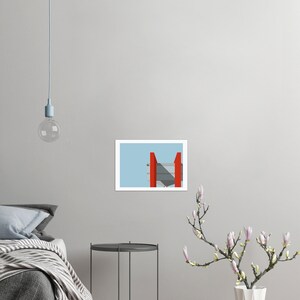 May include: A minimalist illustration of a building with red accents against a light blue sky.