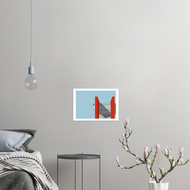 May include: A minimalist illustration of a building with red accents against a light blue sky.
