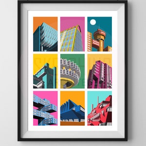 May include: A framed print featuring nine colorful, stylized illustrations of architectural structures. The buildings are depicted in a geometric, pop-art style, with vibrant backgrounds of orange, pink, yellow, and teal. The artwork is framed in a black frame.