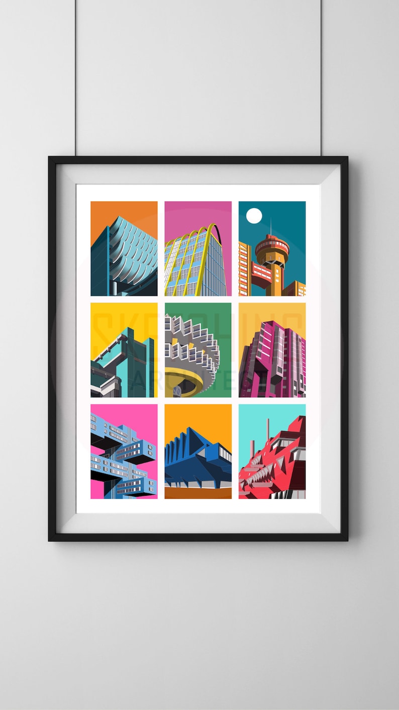 May include: A framed print featuring nine colorful, stylized illustrations of architectural structures. The buildings are depicted in a geometric, pop-art style, with vibrant backgrounds of orange, pink, yellow, and teal. The artwork is framed in a black frame.
