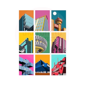 May include: Nine colorful architectural illustrations. Each features a unique building design, with vibrant backgrounds of orange, pink, yellow, and teal. The buildings showcase modern and geometric styles.