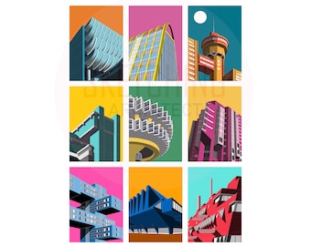 Collage de edificios brutalistas, impresión, póster, obras de arte, impresión de arquitectura, arte de pared, decoración del hogar, impresión de pared, impresión brutalista