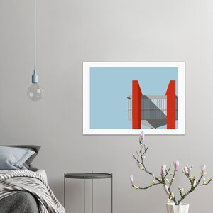 May include: A minimalist illustration of a modern building with red accents against a light blue sky. The building has a geometric design with large windows and a flat roof.