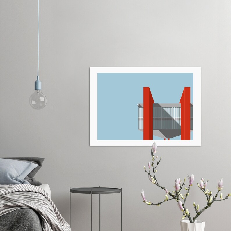 May include: A minimalist illustration of a modern building with red accents against a light blue sky. The building has a geometric design with large windows and a flat roof.