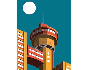 May include: A stylized illustration of a tall, yellow and red building with a round, orange roof. The building is set against a teal blue background with a white circle in the upper left corner.