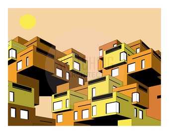 May include: An illustration of a city skyline with buildings in shades of orange, yellow, and brown. The buildings are stacked on top of each other in a unique and modern design.