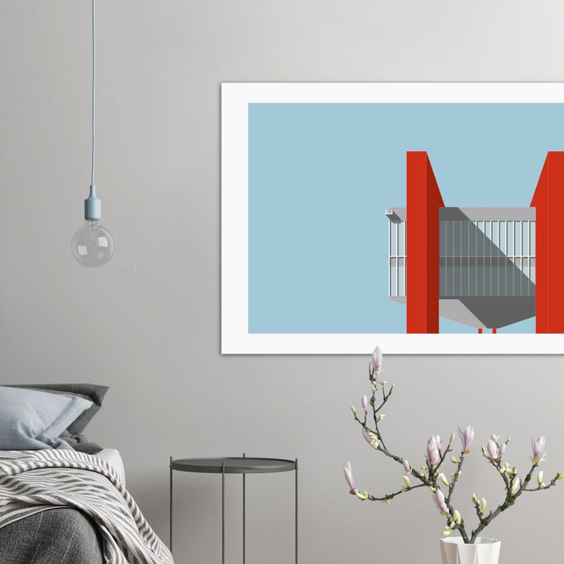May include: A minimalist print of a red building with a light blue sky in the background. The building has a geometric design with large windows and a flat roof.