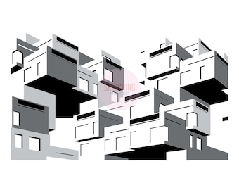May include: Black and white illustration of a modern building with multiple levels and balconies. The building is made up of geometric shapes and appears to be floating in the air.