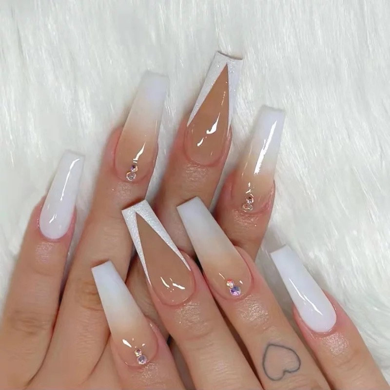 Pink and White V French Tip Floral Nail Gems Styled in Long Ballerina 