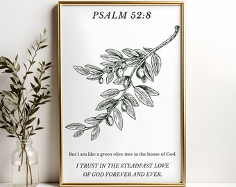 Psalm 52:8 Scripture Wall Art, Wall Decor, Sign, Digital Download, Bible Verse Print, Christian Home Decor, Spring, Minimal, Trust in God