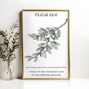 Art mural biblique Psaume 52:8, décoration murale, enseigne, téléchargement numérique, impression de versets bibliques, décoration d&#39;intérieur chrétienne, printemps, minimal, confiance en Dieu