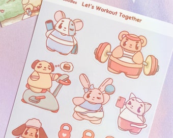 Holo Workout Sticker Sheet , Fitness Kawaii Sticker Sheet , Gym Stickers , Journal Stickers , Kawaii Planner Stickers , Exercise Stickers