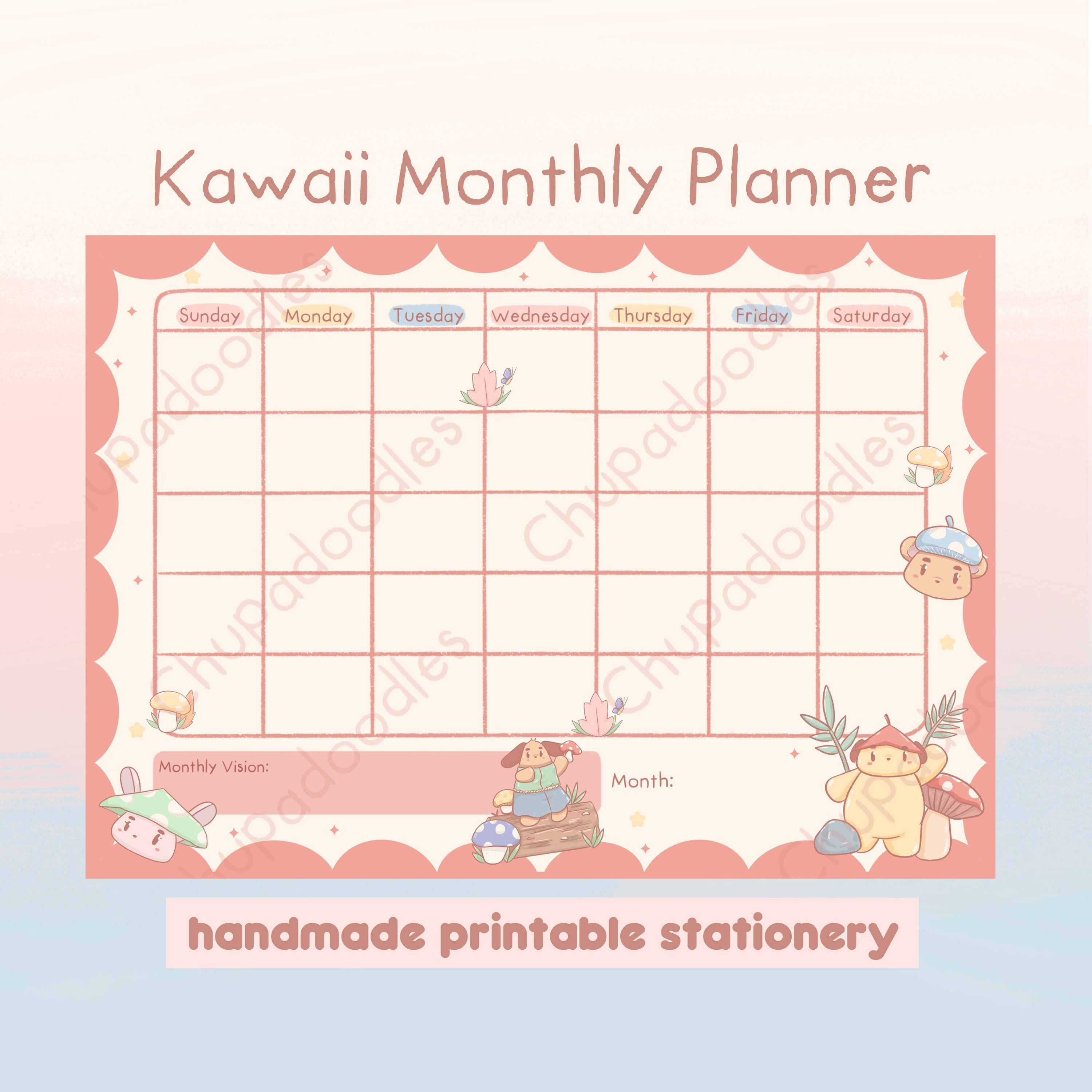Kawaii Printable Planner , Undated Monthly Calendar , Kawaii Digital  Planner, Aesthetic Cute Desk Organiser , Instant Download Print - Etsy