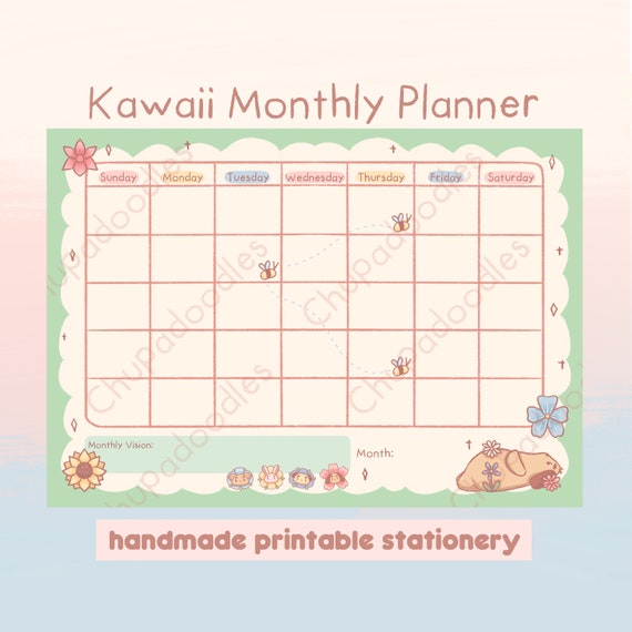 Kawaii Printable Planner Undated Monthly Calendar Kawaii Etsy
