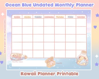 Ocean Theme Kawaii Planner Printables , Kawaii Printable Instant Download , Kawaii Downloads for iPad , Monthly Planner Digital
