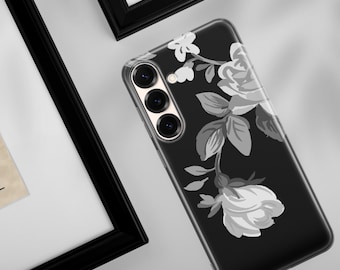Black Floral Phone Case, Floral Art Cover For Samsung S25 FE S25 Edge S25 Ultra S24 S24 Ultra S24 FE S23 Ultra S22 S21 FE A15 A16 A25 A56