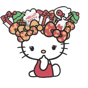 3X2.75 "Hello Kitty Dessert Himmel Hut IRON On TRANSFER Decor Heat Vinyl Cupcake Eiscreme präsentiert Polka dot bow