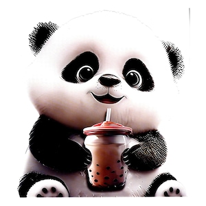 May include: A cartoon panda with black and white fur is holding a brown drink with a red lid and a straw. The panda has a happy expression with a smile and large eyes. The image is set against a white background.