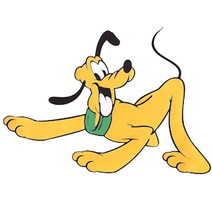 Op de afbeelding: Een cartoonillustratie van een gele hond met zwarte oren en een groene halsband. De hond glimlacht en heeft zijn tong uitgestoken. De hond ligt op zijn zij met zijn poten uitgestrekt.