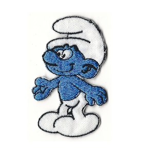 May include: A blue cartoon Smurf with a white hat and a mischievous expression. The Smurf is standing with its arms outstretched.