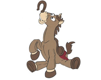 7X10" BULLSEYE Horse PAPER SIGN pegado a mano Disney Toy Story Jessie's caballo sentado con herradura en la nariz cumpleaños tema rodeo ranch estable