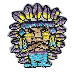 May include: Embroidered patch of a Native American person wearing a headdress with purple, yellow, and blue feathers. The person is wearing a blue shirt and pants.