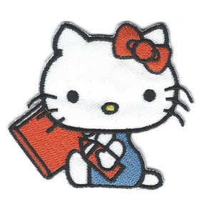 May include: A white cartoon cat with a red bow holding a red book. The cat is wearing a blue dress.