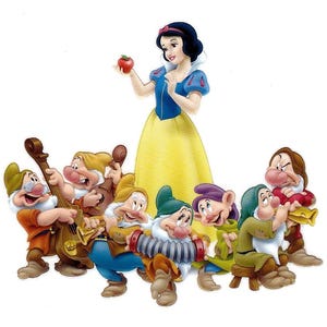 May include: A cartoon illustration featuring Snow White and the seven dwarfs. Snow White, in a blue top and yellow skirt, holds a red apple. The dwarfs are dressed in various outfits and are playing musical instruments.