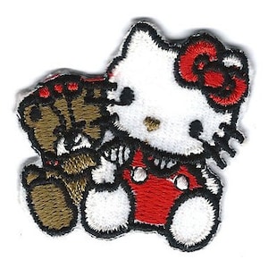 1,5X1,5" HELLO Kitty Broderad Stryk-på/Sy-på-lapp Applikation med nallebjörnsröd rosett