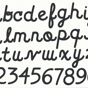 May include: Black and white alphabet and numbers in a cursive font. The letters are all uppercase and the numbers are all single digits.