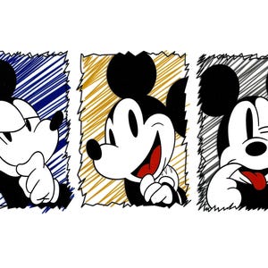 May include: Three panels featuring Mickey Mouse illustrations. Each panel has a different expression: thinking, smiling, and sticking out his tongue. The backgrounds are blue, gold, and gray with scribbled lines, and the character is in black and white.