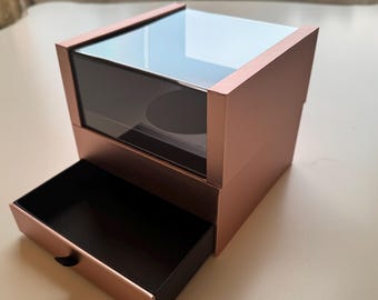 Caja de regalo cuadrada de cartón con ventana y cajón de acrílico transparente. Ideal para guardar joyas en oro rosa, plata y rojo, como recuerdo, para pedir un anillo o un reloj, o como regalo para una dama de honor.
